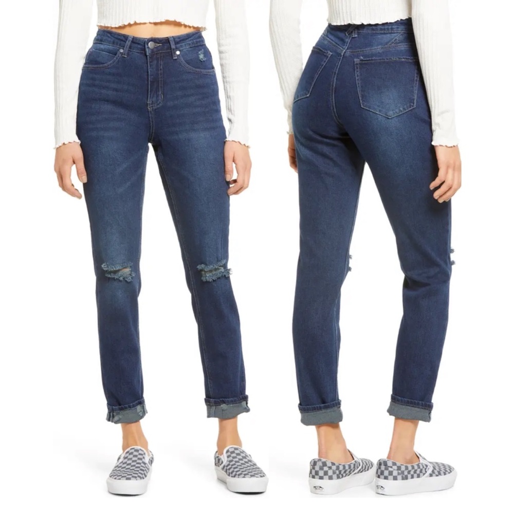 BP. Ripped High Waist Straight Leg Dark Blue Wash Mom Jeans Size 18 NWT